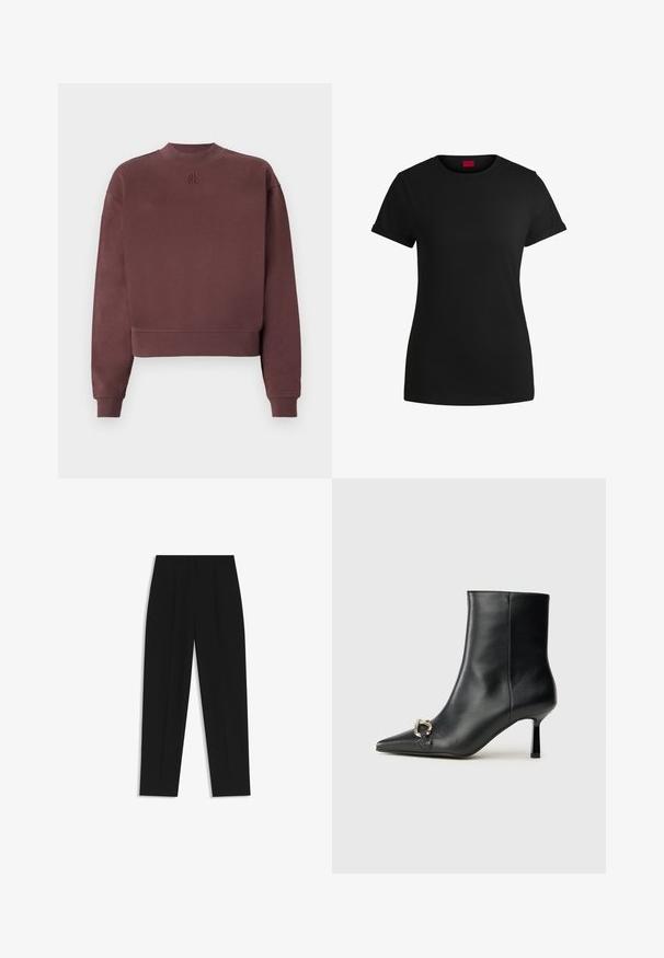 Maroon sweatshirt with a high neck and cropped design. Made from soft fabric, featuring ribbed cuffs and an embossed logo on the chest.; Black cotton t-shirt with short rolled sleeves, a round neckline, and a red label. Smooth texture, fitted shape with minimal detailing.; Black trousers with a straight fit, featuring double pleats, a smooth texture, and a classic waistband design. No visible hardware or accents.; Black leather ankle boot with pointed toe, slim mid-height heel, and silver buckle detail on side against plain background.