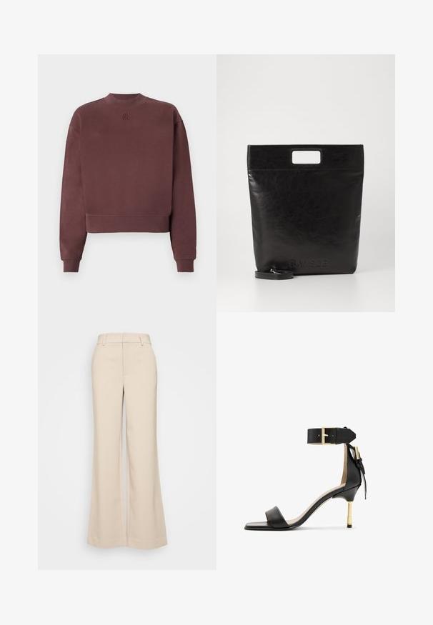 Burgundia värvi sweatshirthi kõrge kaelusega ja lühendatud disainiga. Valmistatud pehmest kangast, millel on ribakujulised mansetid ja reljeefne logo rinnal.; Beeži laiad püksid sujuva tekstuuriga, kõrgendatud vöökoht ja kaks eesmist taskut. Puhtas disain, mis on kohandatud sobivusega.; Must musta kõrge kontsaga sandaal ruudukujulise varbaga, puusapael ja kuldse solgiga ning saledat metallist kontsaga. Sile tekstuur, minimalistlik disain.; Must mustrikotest läikega must nahast kott ruudukujulise käepidemega, millel on tekstuuriga viimistlus ja reljeefne logo. Kohandatav rihm on eemaldatav.