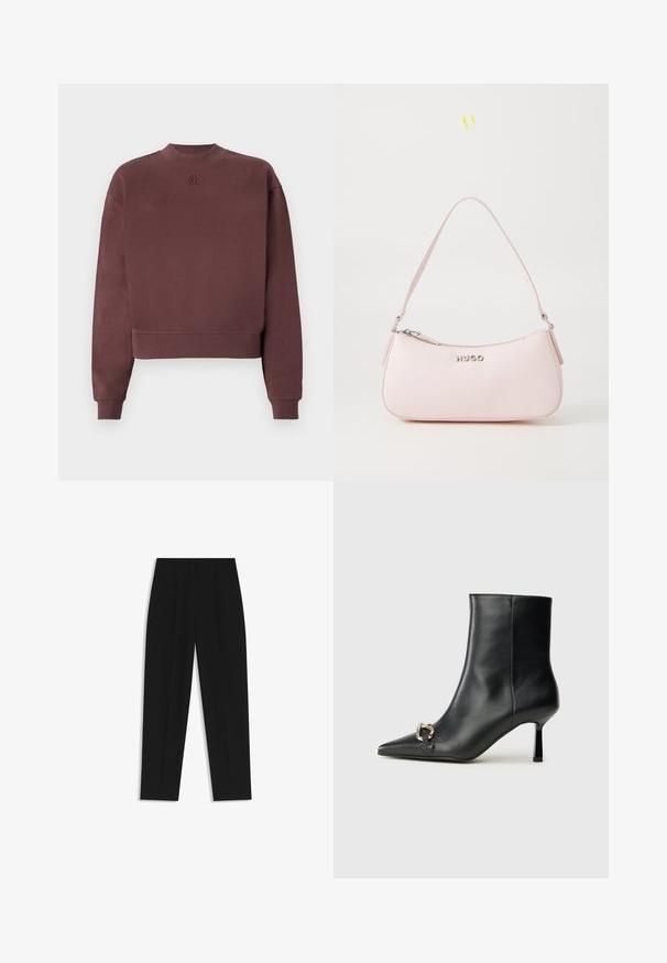 Bordowy sweter z wysokim kołnierzem i skróconym fasonem. Wykonany z miękkiego materiału, z prążkowanymi mankietami i tłoczonym logo na klatce piersiowej.; Czarne spodnie o prostym kroju, z podwójnymi zakładkami, gładką teksturą i klasycznym krojem w talii. Bez widocznych elementów metalowych ani akcentów.; Czarny skórzany botek za kostkę z szpiczastym noskiem, smukłym średnim obcasem i srebrnym zapięciem po boku na jednolitym tle.; Różowa skórzana torebka o zaokrąglonym kształcie, z suwakiem i paskiem na ramię. Wyróżnia się srebrnym logo z przodu.