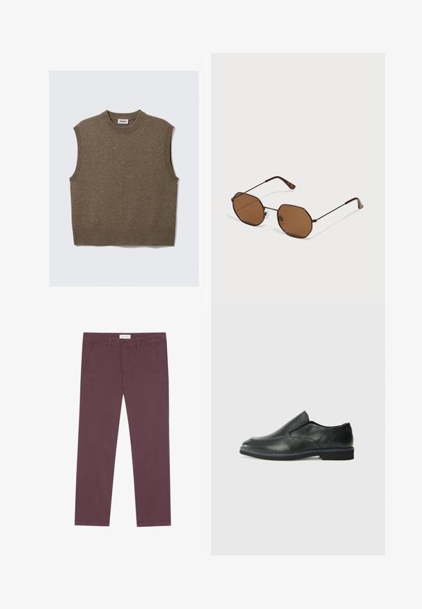 Chaleco de punto sin mangas de color marrón con cuello redondo acanalado, sisas y dobladillo, colocado sobre un fondo blanco.; Pantalones de algodón color burdeos con un diseño de pierna recta, que cuentan con dos bolsillos laterales y un cierre frontal con botón. Textura suave y sin patrones visibles.; Zapato negro de cuero sin cordones con un upper suave, detalles de costura, punta redonda y un bajo tacón de goma. La suela presenta una tracción mínima.; Gafas de sol marrones en forma octagonal con delgadas monturas de metal oscuro, almohadillas nasales ajustables y lentes ahumados marrones; las patillas presentan un acento naranja.