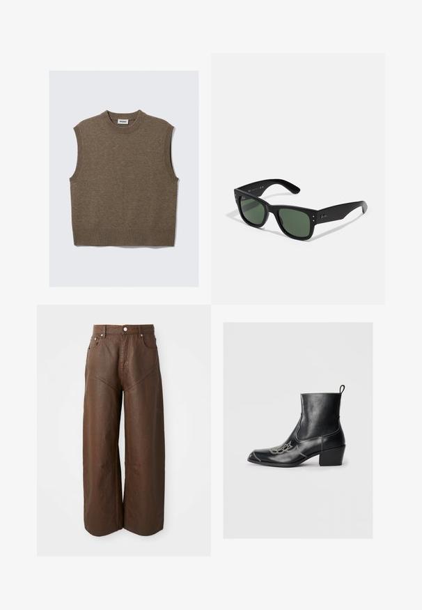 Vesta tricotată din lână maro, fără mâneci, cu guler rotund cu nervuri, găuri pentru brațe și tiv, aranjată plat pe un fundal alb.; Pantaloni din piele maro cu croială largă, cu cinci buzunare și închidere prin buton, expuși pe un fundal alb simplu.; Bocanci negri din piele până la gleznă, cu vârf pătrat, cusături decorative și toc mic de tip bloc. Au un tab de tragere pentru o îmbrăcare ușoară.; Ochelari de soare rectangulari negri cu lentile verzi, finisaj mat, accente hardware subtile și logo embosat pe bradă.
