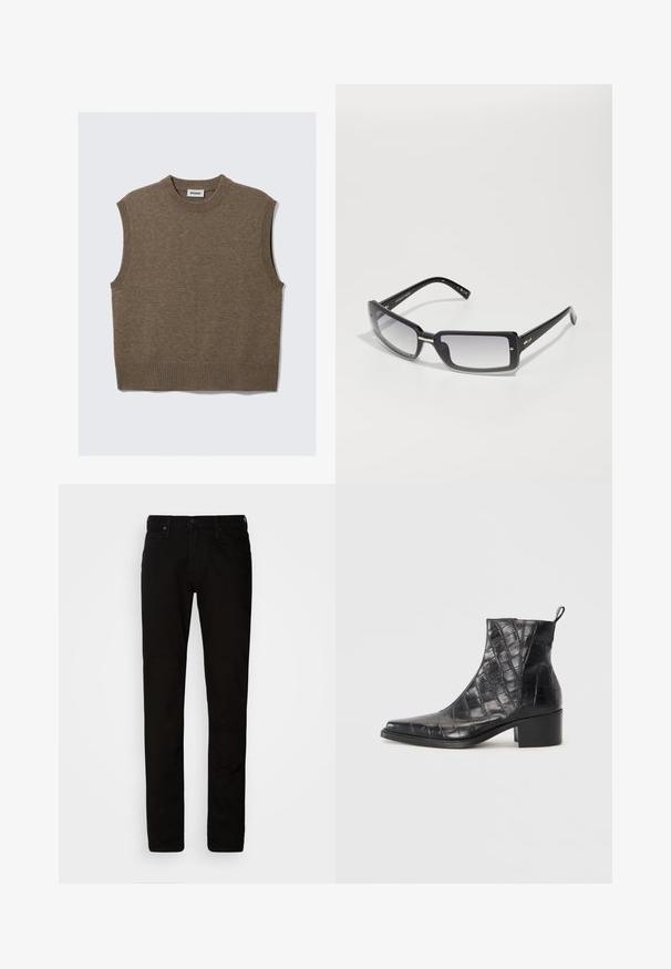 Brūns adīts bez piedurknēm džemperis ar ribotu apkakli, rokām un apakšmalu, izlikts plakaniski uz baltā fona.; Melnas kokvilnas chinos bikses ar šauru piegriezumu, augšējās pogas aizdari un piecu kabatu dizainu. Iespējas jostu cilpas un vienmērīga, gluda tekstūra.; Melni potīšu zābaki, izgatavoti no strukturētas mākslīgās ādas ar krokodila rakstu, ar kvadrātu formu purngalu un bloku papēdi.; Melnas taisnstūra formas saulesbrilles ar gradienta lēcām, ar masīvu rāmīti un metāla akcentiem uz stariem. Gluda virsma visā.