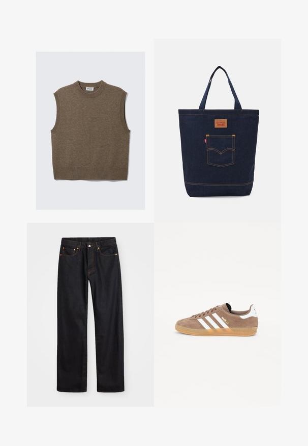 Gilet senza maniche in maglia marrone con collo a giro, giroschi e orlo a coste, posato su uno sfondo bianco.; Jeans neri in denim dritto da uomo con cinque tasche e cuciture arancioni, chiusura con bottone e zip sulla vita anteriore.; Sneaker in suede marrone con tre strisce bianche, logo dorato "Gazelle" e suola in gomma. Presenta linguetta e tallone imbottiti per il comfort.; Borsa tote in denim blu scuro con due manici, cuciture visibili e una tasca frontale con un classico logo patch.