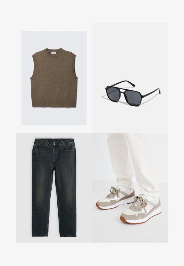 Brun strikket ermeløs genser med ribbestrikket mannskapskrage, armhull og nederkant, ligger flatt på en hvit bakgrunn.; Svarte denim jeans med rett benutsnitt, fem-lommers design og subtile falmingsdetaljer. Har knappe- og glidelåsåpning.; Beige og grå sneakers laget av en blanding av semsket skinn og mesh-materialer. Har en hvit mellomsåle og en såle av gummi. Standard snøring.; Sorte solbriller med ottekantet ramme, mørke linser, blank finish, tynde stænger og guld accenter på fronten.