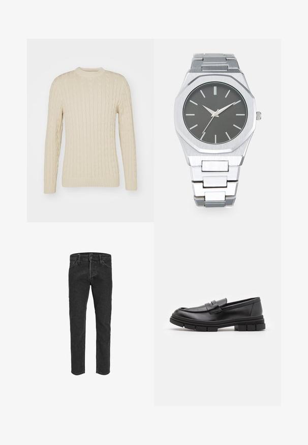 Világos krémszínű, kötött pulóver. Kerek nyakkal, hosszú ujjakkal, bordás mandzsettával és aljjal, textúrált felületi mintázattal rendelkezik.; Fekete farmernadrág egyenes szár designnal, öt zsebbel és övhurkokkal, enyhén kopott felülettel és eltérő varrásokkal.; Fekete bőr loaferek sima felülettel, elülső pánt részlettel és vastag, bordázott gumitalpakkal.; Ezüst analóg óra nyolcszögletű tokban, szürke számlappal, ezüst órajelzőkkel és rozsdamentes acél link karkötővel. Minimalista design sima felülettel.