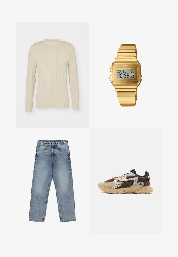 Valettu neulepaita vaaleassa kermassa. Ominaisuuksiin kuuluu pyöreä kaula-aukko, pitkät hihat, joustavat hihansuut ja helma sekä tekstuurinen pintakuosi.; Vaaleansiniset farkut, joissa on suora lahje, näkyvät tikkaus, viisi taskua ja napin suljenta vyötäröllä.; Beige ja pruun tennised tekstuursete võrgupaneelidega, sametised aktsendid ja kummist talla. Omab nöörimise disaini ja bränditud detaile.; Casio digitaalikello, jossa on oktaalinen kultasävyinen ruostumattomasta teräksestä valmistettu kotelo ja ranneke. Kellossa on LCD-näyttö, herätysfunktio ja vedenkestävyys.