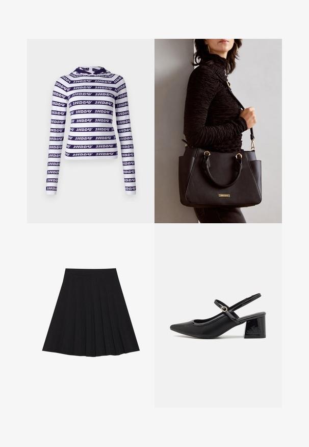 Crop top à manches longues blanc avec des rayures horizontales violettes foncées arborant le texte répété "2NDDAY." Tissu doux et extensible avec une capuche.; Jupe plissée noire en tissu texturé avec une taille ajustée. Arrive au genou, présentant une silhouette lisse et épurée.; Escarpins slingback en cuir verni noir avec un embout pointu, un design à découpes arrondies et un talon carré. Présente un accent de boucle en ton doré.; Sac à main noir avec surface texturée, deux poignées supérieures et bandoulière réglable. Doté de quincaillerie dorée et de poches latérales.