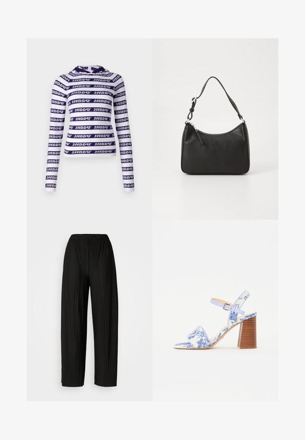 Balta ilgomis rankovėmis trumpa palaidinė su tamsiai purpurinėmis horizontaliomis juostelėmis, kuriose kartojamas užrašas "2NDDAY." Minkšta, tampri medžiaga su gobtuvu.; Juodos plisuotos plačios kojos kelnės su elastine juostos. Medžiaga pasižymi vertikaliomis plokštelėmis ir lygiu paviršiumi.; Mėlynos gėlėtos šlepetės su kvadratiniu pirštu, plačia juostele ir reguliuojama kulkšniai, turi struktūruotą medinį blokinį kulną.; Juoda odinė rankinė su išlenkta forma, viena dirželiu, užtrauktuko uždarymu ir subtiliu ženklinimu priekyje. Lygus paviršius, minimalistinis dizainas.