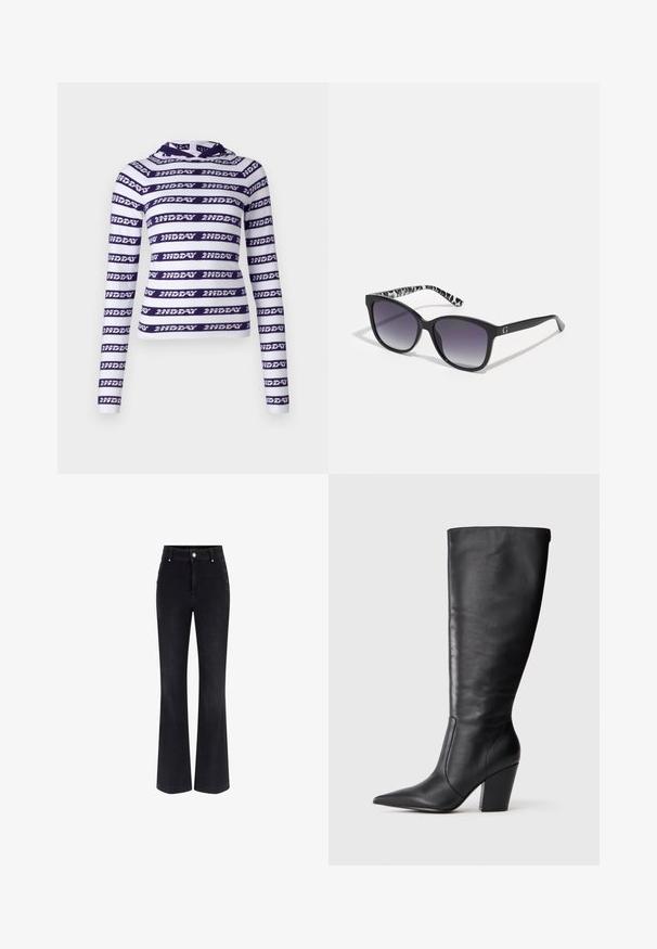 Bílý krátký top s dlouhým rukávem a tmavě fialovými horizontálními pruhy s opakovaným textem "2NDDAY." Měkká, elastická tkanina se kapucí.; Černé džínové kalhoty s rozšířenými nohavicemi, vysokým pasem, pěticí kapsami a kovovými knoflíky po stranách. Hladká textura a klasický střih.; Černá kožená vysoká bota po kolena s špičatou špičkou a robustním vysokým podpatkem, zobrazená v levém bočním profilu na bílém pozadí.; Černé sluneční brýle s gradientními čočkami, čtvercového tvaru a texturovanými černobílými vzorovanými stranami. Obsahují stříbrné logo jako ozdobu.