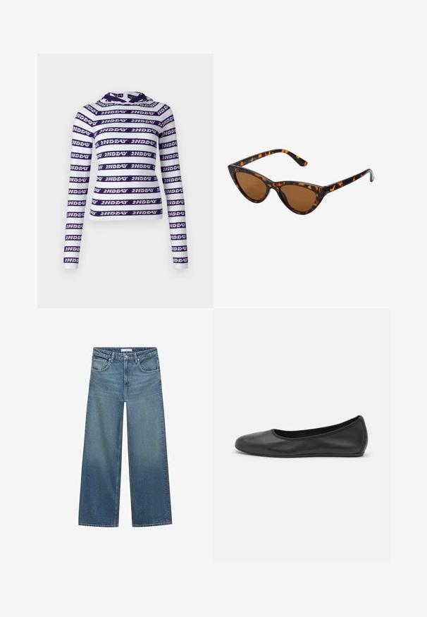Crop top à manches longues blanc avec des rayures horizontales violettes foncées arborant le texte répété "2NDDAY." Tissu doux et extensible avec une capuche.; Jean large bleu clair en denim, avec une taille mi-haute, deux poches avant et des détails de couture classiques.; Ballerines en cuir noir avec un bout rond, texture lisse, détails de couture minimalistes et design de semelle flexible.; Lunettes de soleil style œil de chat avec une monture en écaille de tortue noire et orange, verres marron et pointes effilées et élégantes. Présente un logo minimaliste sur la branche.; Sac à main en cuir suédé marron foncé avec une forme structurée, doté de deux poignées supérieures et d'une bandoulière détachable avec une boucle en ton doré.