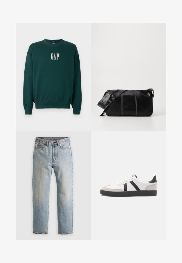Sweatshirt verde cu mâneci lungi, cu manșete și talie ribbate, având logo-ul alb brodat "GAP" pe piept. Textură de țesătură moale.; Jeans din denim de culoare albastru deschis, cu talie înaltă, nasture frontal, fermoar și design cu cinci buzunare, așezate platesc pe un fundal neutru.; Sneaker alb cu accente negre și gri, având un capac de vârf gri texturat, talpă din cauciuc negru și șireturi plate albe. Design elegant, stil minimalist.; Geantă de umăr din piele neagră cu închidere cu fermoar, având un corp texturat, cusături albe și o curea cu ochiuri argintii.
