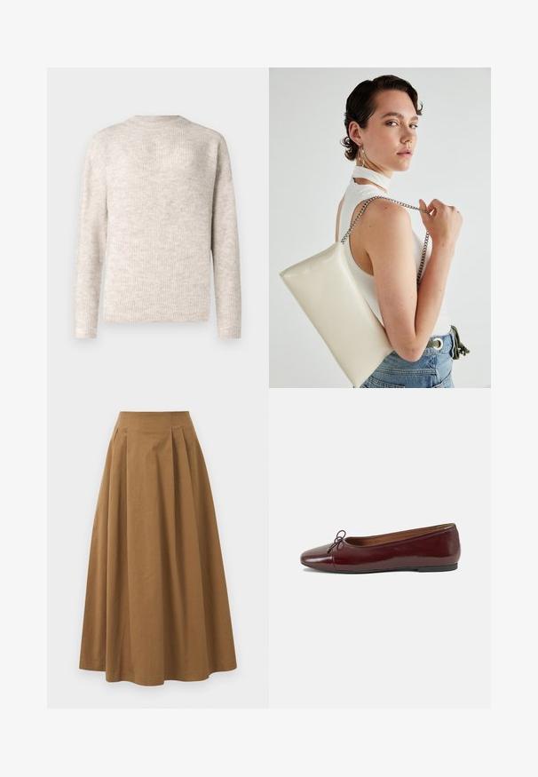 Helebeež, pikkade varrukatega sviiter, millel on ribakujundus ja ümmargune kaelus. Valmistatud pehmest materjalist, esitleb see lõdva istuvust.; Pruun puuvillane A-line seelik kõrge vöökohaga, millel on voldid ees ja sile tekstuur. Pika serva viimistlus on puhas ja lihtne.; Burgundi patendnahk kingad balletitüüpi, ümmarguse ninaosa, ees väike paelaaktsent ja madal must kummist tald. Sile tekstuur.; Valge ristkülikuline kotti, mis on valmistatud läikivast materjalist, hõbedase ahelsangaga. Mudel poseerib, tutvustades kotti ühtlase taustaga.