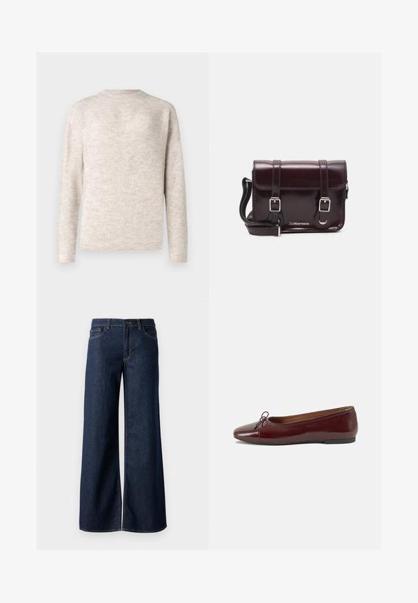 Világos bézs, hosszú ujjú pulóver bordázott textúrával és kerek nyakkal. Puha anyagból készült, laza szabású.; Sötét kék farmer széles lábú nadrág. Kontrasztos varrással, öt zsebhálóval és gombos derékzárással rendelkezik. Simás textúra.; Burgundi lakkbőr balettcipő kerek orral, elöl kis masni díszítéssel és alacsony, fekete gumi talppal. Simára csiszolt felület.; Burgundy lakkbőr keresztpántos táska téglalap alakú, két pánttal, ezüst színű szerelvényekkel és fedélzárral.