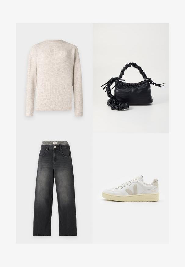 Pulover lung cu mâneci lungi, de culoare bej deschis, cu o textură în bucle și guler rotund. Fabricat dintr-un material moale, acesta are o croială lejeră.; Jeans negre din denim cu croi larg, dotate cu un brâu cu model houndstooth. Caracteristici includ buzunare frontale și închidere cu buton. Textură uzată.; Pantofii sport din piele albă cu accente din suede bej, cutie pentru degete perforată, șireturi plate și o talpă texturată de crem. Prezintă branding subtil pe călcâi.; Geantă din faux leather neagră cu textură de crocodil, cu partea superioară strânsă și o curea mototolită. Pare moale și compactă ca design.