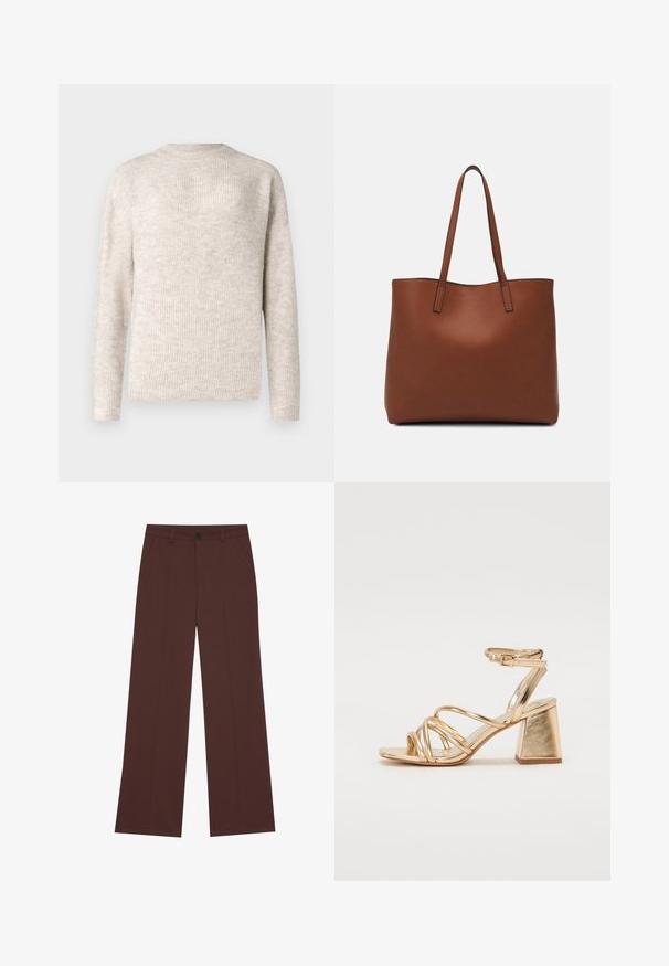 Light beige, long-sleeve sweater with a ribbed texture and round neckline. Made from soft material, it features a relaxed fit.; Wide-leg trousers in a rich brown fabric. Features a button closure, two front pockets, smooth texture, and clean lines.; Gold metallic heeled sandals featuring a strappy design, square block heel, and adjustable ankle strap with a buckle. Smooth texture.; Brown leather tote bag with a smooth texture, open top design, and two shoulder straps. Features minimal stitching and no visible hardware.