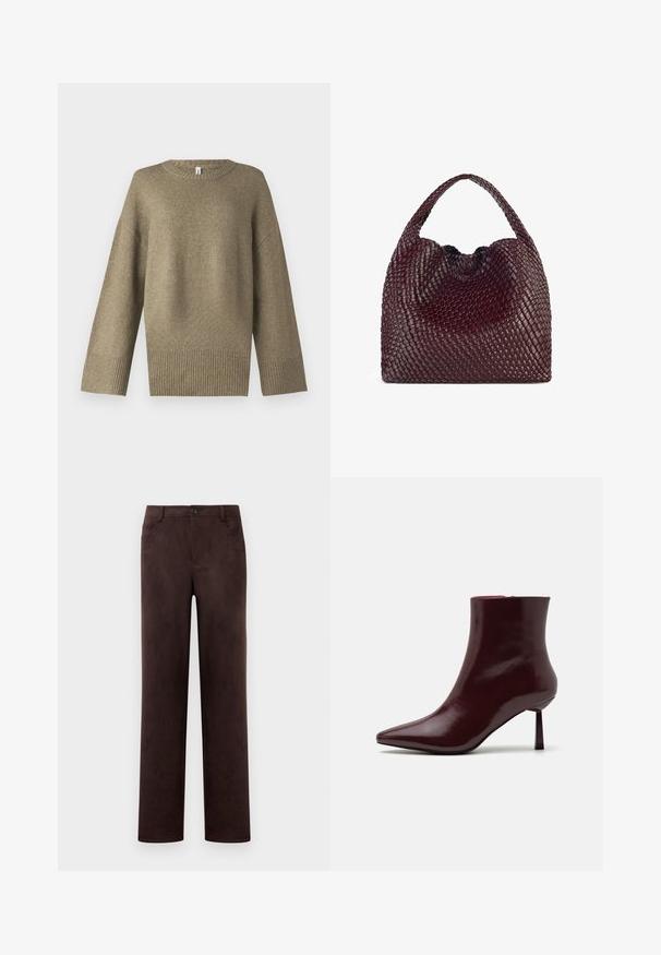 Oliivinvihreä neulepaita, jossa on pyöreä pääntie, laskeutuvat hihat ja joustavat hihansuut. Kangas näyttää pehmeältä ja siinä on hienovaraisia tekstuuridetaljeja.; Suorat jalat tummanruskeat nahanhousut, joissa on etupainike ja vetoketju, vyölenkit ja sivutaskut.; Burgundi kiiltävä nahkainen nilkkasaapas, jossa on terävä kärki ja kapea korko, joka esitellään sileällä, kiiltävällä pinnalla ja minimalistisella suunnittelulla.; Punainen viininvärinen käsilaukku, joka on pyöreämuotoinen ja jossa on yksi kahva. Laukussa on tekstuuri pinta ja joustava nyöri sulkimena.