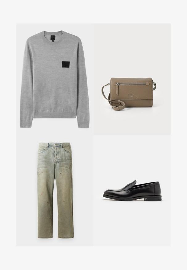 Hallitus hallide krae, pikad varrukad ja soonikkoesed. Esiosas on tekstuuriga must logo leid. Pehme kudumismaterjal.; Karmiinroheline kulunud denim teksapüksid, millel on sirge jalg, viie taskuga disain ning ebaühtlane pleekimine koos värvikrõpsudega.; Mustad mustad nahast loafers sileda tekstuuriga, ümarat ninaosa ja dekoratiivne riba vampi üle. Madal kihiline konts, minimalistlik disain.; Kohvase naha ületõmmatav kott, millel on lukuga esikott, reguleeritav rihm, kivitextuur ja esiküljel embosseeritud logo.