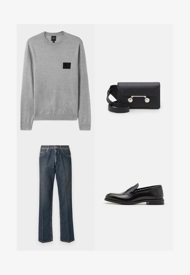Grauer Pullover mit Rundhalsausschnitt, langen Ärmeln und gerippten Bündchen. Mit einem strukturierten schwarzen Logo-Patch auf der Brust. Weiches Strickmaterial.; Dunkelblaue, gerade Jeans aus Denim mit vorderem Knopf, Reißverschluss, doppelten vorderen Taschen und sichtbaren vertikalen Falten entlang der Beine.; Schwarze Lederloafers mit glatter Textur, rundem Zehenbereich und einem dekorativen Riemen über dem Vorderfuß. Niedriger, gestapelter Absatz, minimalistisches Design.; Schwarze Leder-Umhängetasche mit Klappenverschluss, silberfarbener Hardware und zwei runden Akzenten. Verfügt über einen abnehmbaren Schulterriemen. Glatte Textur.