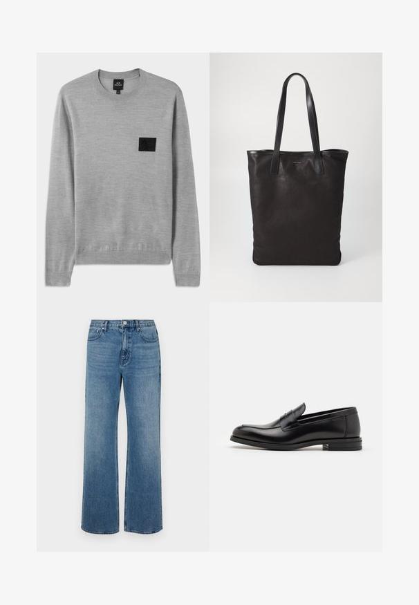 Szürke pulóver kerek nyakkivágással, hosszú ujjakkal és bordázott mandzsettával. A mellkasán egy textúrált fekete logófolt található. Puha kötött anyag.; Széles lábú, koptatott kék farmernadrág. Öt zsebből, elülső gombos záródásból és egyenes szabásból áll.; Fekete bőr loaferek sima textúrával, kerek orral és dekoratív pánttal a vampnál. Alacsony, rétegelt sarkú, minimalista dizájn.; Fekete vászontáska fekete bőr füllel. Egyszerű dizájn, tágas test és sima textúra. Nincsenek látható logók vagy minták.