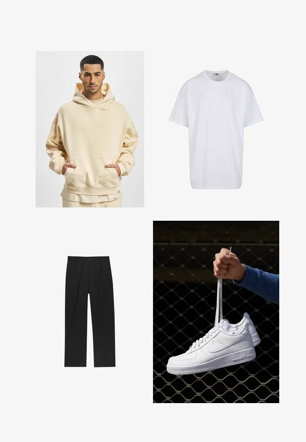 Bežová oversize mikina vyrobená z jemného materiálu, s veľkou prednou vreckom a kapucňou so šnúrkou. Dolný lem obsahuje značku.; Biela bavlnená tričko s krátkymi rukávmi, okrúhlym výstrihom, uvoľneným strihom a žiadnymi viditeľnými logami alebo vzormi. Hladká textúra a minimálny dizajn.; Čierne nohavice s rovnými nohavicami, vyrobené z hladkej tkaniny. Majú predné puky a jediné gombíkové zapínanie v páse.; Biele kožené tenisky s perforáciami, okrúhlou špičkou, plochou podrážkou a hrubými šnúrkami, pričom majú viditeľné logo swoosh a nápis "AIR" na päte.