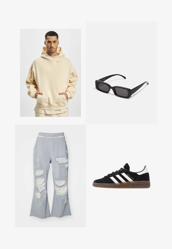 Bež veliki dukserica napravljena od mekog materijala, s velikim prednjim džepom i kapuljačom na šnuru. Donji rub uključuje oznaku brenda.; Sive trenirke s dizajnom širokih nogavica, s više izliznih zakrpa koje otkrivaju svjetliju tkaninu. Elastični pojas za udobnost.; Crni Adidas tenisice s bijelim prugama, zlatnim natpisom "Spezial", gumeni potplat i bijeli oznaka na peti, prikazane u bočnom pogledu.; Crne pravokutne sunčane naočale s tamnim lećama, sjajnim završetkom, širokim drškama i masivnim okvirom. Ugraviran naziv branda na jednoj dršci.