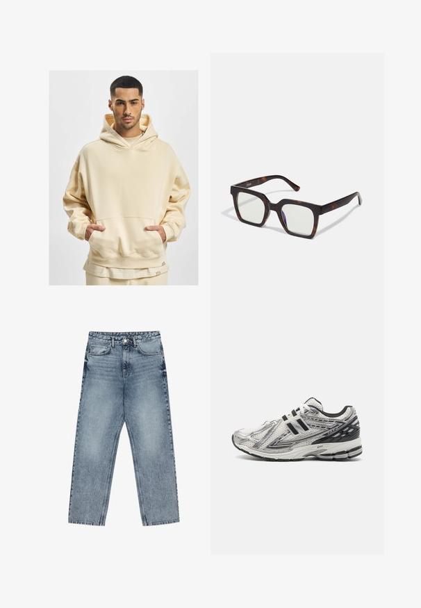 Béžová oversized mikina vyrobená z měkkého materiálu, s velkou přední kapsou a kapucí na šňůrku. Spodní lem obsahuje značkovou nášivku.; Světle modré džíny z denimu se střihom rovnými nohavicemi, viditelným šitím, designem s pěti kapsami a knoflíkovým zapínáním v pase.; Pánské běžecké boty z bílé síťoviny s černými akcenty, se zpevněnou podrážkou, šněrovacím designem a texturovaným povrchem pro lepší grip.; Čtvercové sluneční brýle s acetátovým rámem v želvovinovém vzoru a průhlednými skly. Mají široké stranice a matný povrch, což zvyšuje celkovou odolnost.