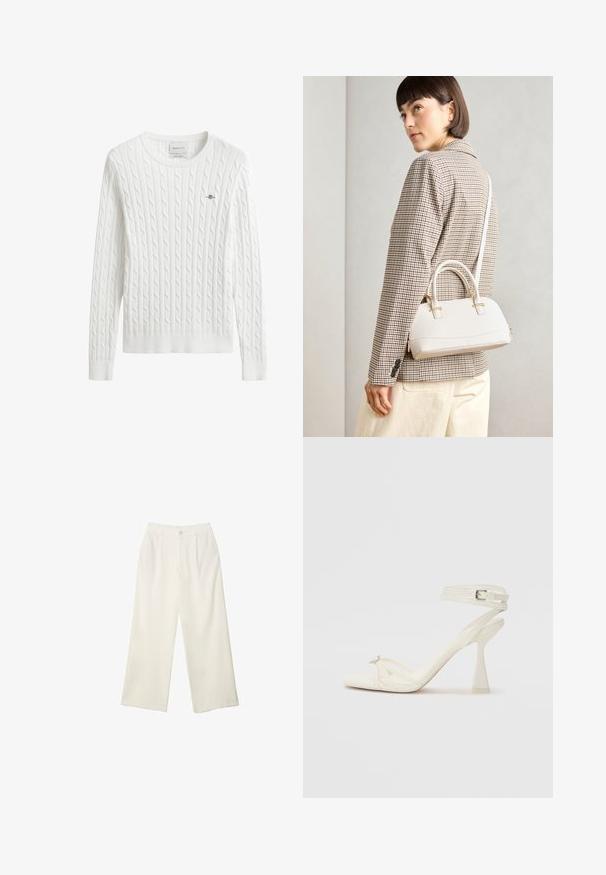 Hvid kabelstrikket trøje med rund udskæring, ribstrikkede manchetter og kant, med et lille broderet logo på venstre bryst.; Bredde bukser i cremefarvet stof med en glat tekstur, der har en enkelt knap foran, diskrete folder og design med høj talje.; Sandal med høj hæl i hvid læder med et elegant design, en transparent blokhæl og et dekorativt element ved tåen.; Hvid struktureret taske med korte håndtag og en skulderrem, prydet med guldfarvede hardwaredetaljer og tekstureret materiale, præsenteret mod en grå baggrund.