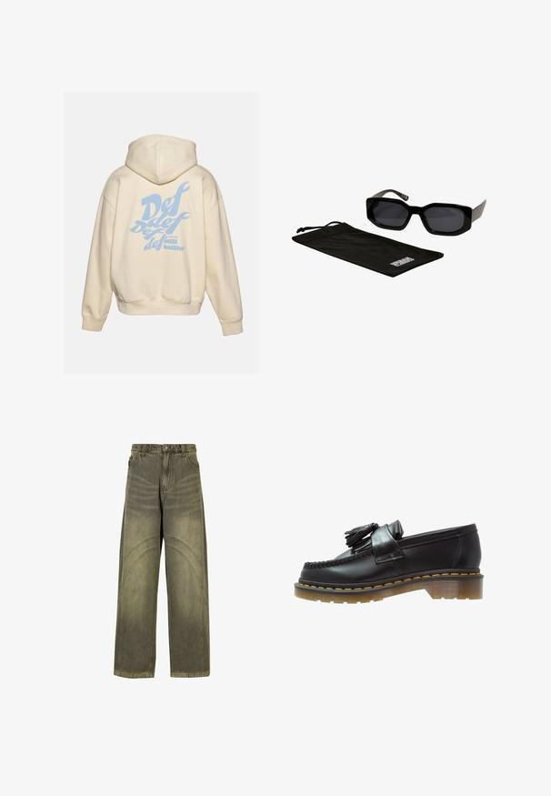 DEF Hoodie - beige; Wijde spijkerbroeken van olijfgroene denim, met gebogen naadaccenten, klassieke knoopsluiting en een vervaagde afwerking.; Zwarte leren instappers met een gestructureerde afwerking, voorzien van een decoratieve kwast en contrasterende gele stiksels, op een chunky, transparante zool.; Zwarte zonnebril met hoekige, oversized monturen en donkere lenzen, vergezeld van een zwarte microfiber zak met een logo erop.