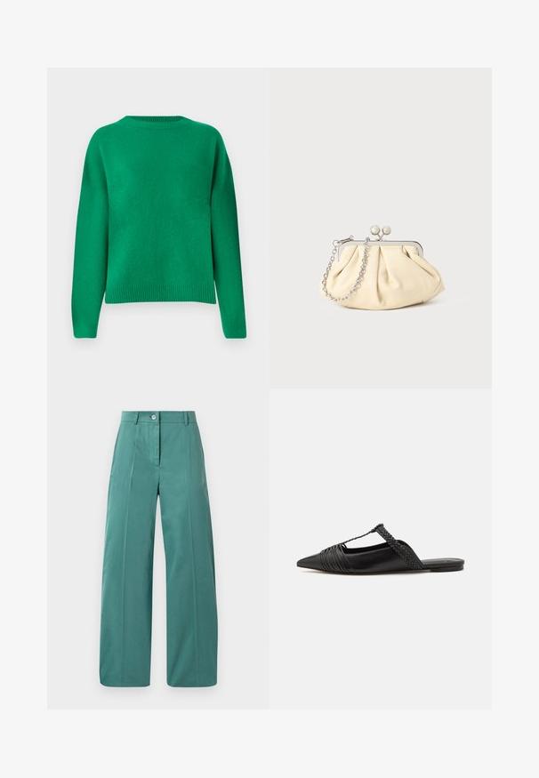 Zelený pletený sveter s uvoľneným strihom, okrúhlym výstrihom, spustenými plecami a rebrovaným lemom. Hladká textúra s rovnomerným povrchom.; Svetlobežová košeľa na gombíky s komplikovanou čipkovou kvetinovou výšivkou na rukávoch. Mäkka tkanina so štruktúrovaným golierom a dlhými rukávmi.; Široké nohavice vyrobené z jemného teal látky, so zapínaním na prednom gombíku, ostrými skladmi a hladkou textúrou. Elegantný strih s minimálnymi akcentmi.; Čierne kožené sandále so špičatou špičkou, ktoré majú tkaný detail a zborený dizajn vrchnej časti. Plochá podrážka s minimálnym hardvérom.; Zhlý béžový kožený klobúk so strieborným kovovým rámom, ktorý má dve okrúhle dekoratívne zámky a strieborný reťazový popruh.
