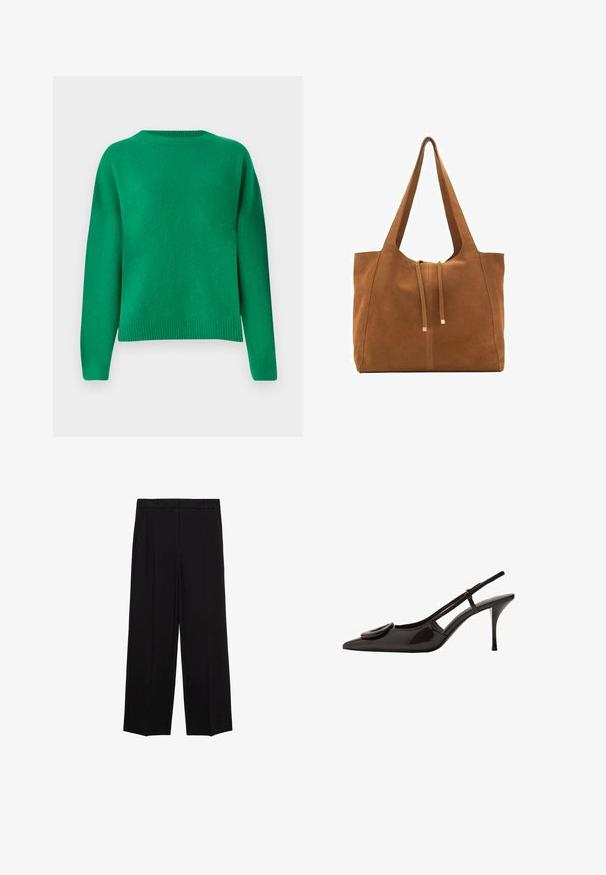 Grön stickad tröja med en avslappnad passform, rund halsringning, sänka axlar och ribbad fåll. Slät textur med en jämn yta.; Svarta vida byxor i en mjuk tygkvalitet, med veck framtill och sidofickor, designade med en rak och avslappnad passform.; Svart lackläder slingback-sko med spetsig tå, minimalistisk design, liten cirkulär accent på framfoten och smal klack.; Brun mockaläders toteväska med två långa remmar, dragsko-stängning och minimalistisk design. Slät textur och inga synliga metallaccenter.