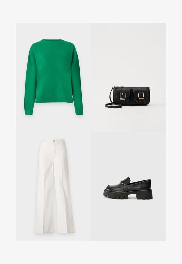 Zelený pletený sveter s uvoľneným strihom, okrúhlym výstrihom, spustenými plecami a rebrovaným lemom. Hladká textúra s rovnomerným povrchom.; Biele široké nohavice vyrobené z bavlny s hladkou textúrou. Obsahujú predný gombík, zips a dizajn so štyrmi vreckami.; Čierne kožené mokasíny s masívnou podrážkou, s akcentom v zlatej farbe na prednej strane a hladkým povrchom. Na podrážke je výrazný dezén.; Čierna kožená crossbody taška s dvoma prednými vreckami, zlatými sponami, zipsovým uzatváraním a úzkym popruhom. Štruktúrovaný povrch a kompaktný obdĺžnikový tvar.