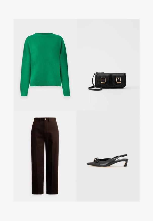 Green knit sweater with a relaxed fit, round neckline, dropped shoulders, and ribbed hem. Smooth texture with an even finish.; Dark brown straight-leg pants with button and zipper closure, belt loops, and front pockets against a white background.; Black leather slingback shoe with pointed toe, small heel, and decorative buckle detail on the upper. Smooth texture, minimalistic design.; Black leather crossbody bag with two front pockets, gold buckles, zipper closure, and a slim strap. Textured surface and compact rectangular shape.