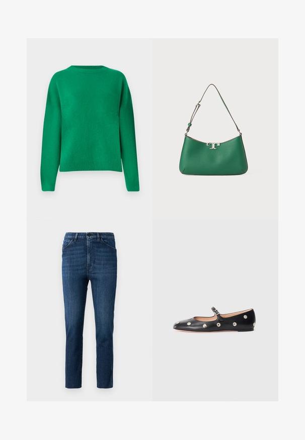 Grøn strikket sweater med en afslappet pasform, rund halsudskæring, sænkede skuldre og ribbet kant. Glat tekstur med en jævn finish.; Blå slim-fit jeans med klassisk fem-lomme design og knaplukning, med subtil fading og ren lige ben skæring.; Sorte læder Mary Jane flad sko med en rund tå, udstyret med sølvfarvede runde nitter og en justerbar rem med spænde.; Grøn læderhåndtaske med en buet form, sølv hardware, textured finish og en enkelt justerbar skulderrem.