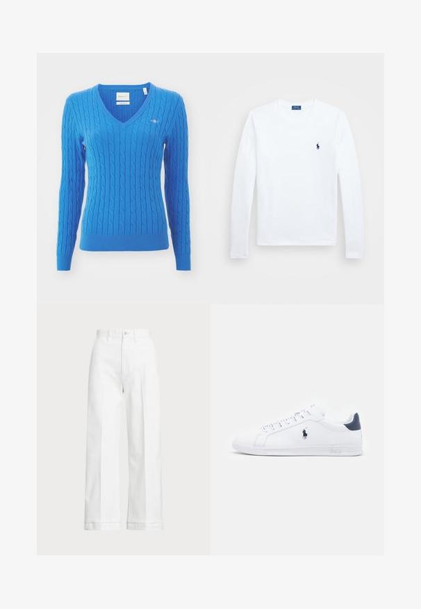 Modrý svetr s pleteným vzorem a výstřihem do V, který má dlouhé rukávy a žebrované manžety. Materiál vypadá měkce s texturovaným povrchem. Malé logo na hrudi.; Bílá dlouhá košile s dlouhým rukávem, bavlněný materiál, kulatý výstřih, s malým námořnickým logem na levém prsu. Jednoduchý design, standardní střih.; Bílé kalhoty s širokými nohavicemi a vysokým pasem, s knoflíkovým zapínáním a jemnými detaily prošívání. Vyrobené z bavlny s hladkou texturou.; Bílé kožené tenisky s hladkým povrchem, námořnickými akcenty a malým logem na boku. Mají ploché tkaničky a texturovanou gumovou podrážku.