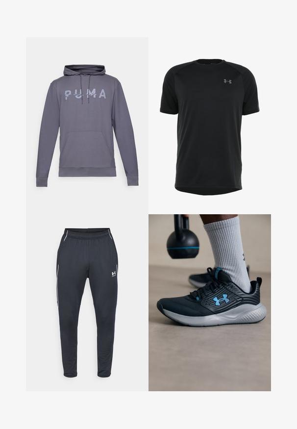 Grå hettegenser med kengurulomme, snor i hetten og reflekterende "PUMA"-logo på forsiden. Glatt tekstur, lange ermer og ribbestrikkede mansjetter.; Svart treningst-skjorte med korte ermer laget av glatt, lett stoff. Har rund halslinning og diskret logo på brystet.; Svart treningbukse laget av glatt stoff, med elastisk liv, avsmalnende ben og hvite sidestriper. Inkluderer en Under Armour-logo.; Svarte idrettsko med blå detaljer, teksturert overdel og grå såle. Brukt med grå ribbestrikkede sokker, ved siden av en svart kettlebell.