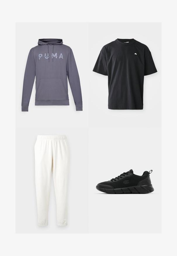 Gray hoodie with a kangaroo pocket, drawstrings, and a reflective "PUMA" logo at the front. Smooth texture, long sleeves, and ribbed cuffs.; Black cotton t-shirt with a relaxed fit, short sleeves, crew neck, and a small white logo accent on the chest. Smooth texture.; Elastic-waist cream-colored sweatpants with tapered legs, made of soft material. Features a smooth texture and no visible patterns or accents.; Black athletic sneakers featuring a mesh upper, reinforced toe, textured midsole, and rear pull tab for easy wear. Logo displayed on side.