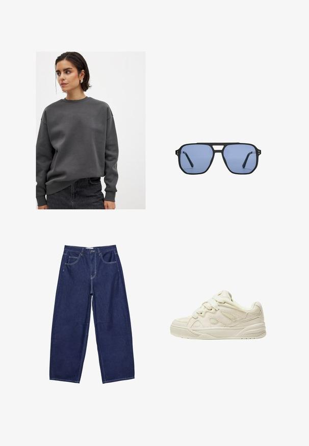 NA-KD Mikina - dark grey; Tmavomodré denimové nohavice s širokými nohavicami a vysokým pásom, piatimi vreckami a kontrastným bielym prešívaním. Hladký povrch, klasický dizajn.; Béžové tenisky s textúrovaným zvrškom, výraznými šnúrkami, sieťovanými panelmi a hrubou podrážkou. Zakrivený dizajn s polstrovaným golierom pre pohodlie.; Stradivarius RETRO - Slnečné okuliare - light blue