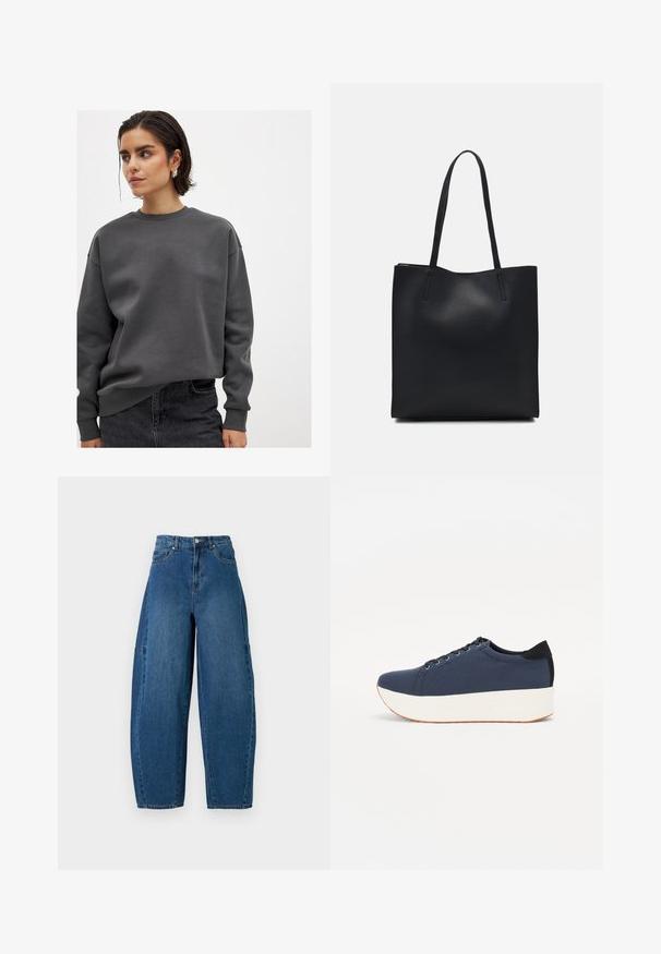 NA-KD Sportinis megztinis - dark grey; Deniminės džinsai vidutinio mėlynumo atspalviu, su aukštu liemeniu, plačiais kojų kirpimais ir standartiniu penkių kišenių dizainu, pasižyminčiu matomais siuvimo detalėmis.; Tamsiai mėlynas sportinis batelis su tekstūruotu audiniu viršuje, baltu platformos padu, apvaliu pirštu ir juodu kulno akcentu.š. Yra šešios skylės raišteliams.; Juodas odinis tote krepšys su lygia tekstūra, stačiakampio formos ir dviem ilgais rankenomis. Matomų metalinių detalių ar puošybos nėra.