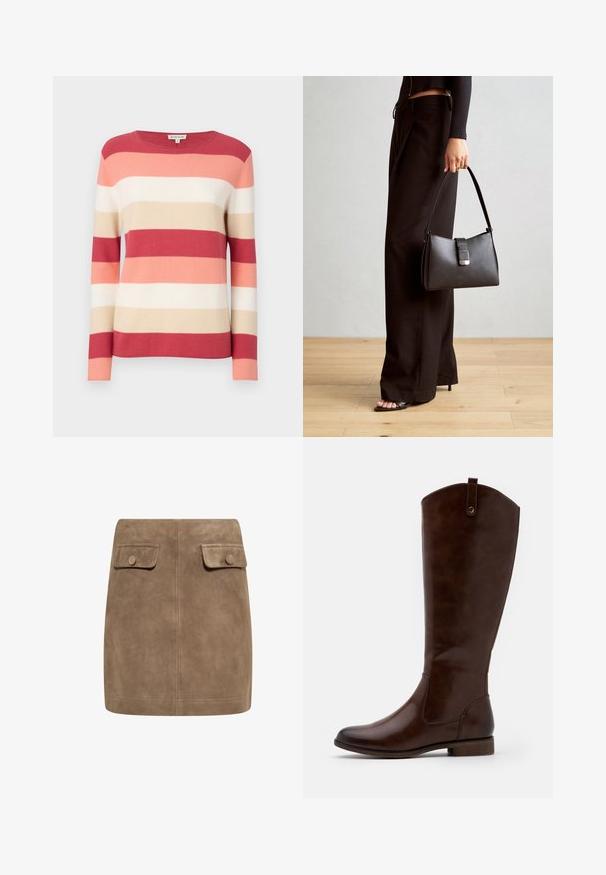 Stribet pullovertrøje i nuancer af rød, pink, beige og creme. Har lange ærmer og en rund halsudskæring med en blød, strikket struktur.; Brun ruskind mini nederdel med en glat tekstur, der har to frontlommer med flap og knaplukninger på hver side. Enkel, lige design.; Brune knæhøje støvler lavet af glat læder, med rund tå, lav stablet hæl og et subtilt sømme mønster langs siderne.; Sort håndtaske med struktureret form, glat overflade og metalspænde. Sammen med brede sorte bukser og sandaler med åben tå på trægulv.