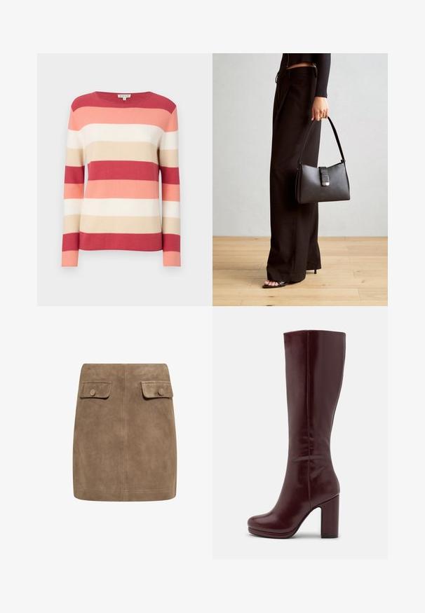 Prúžkovaný sveter v odtieňoch červenej, ružovej, béžovej a smotanovej. Obsahuje dlhé rukávy a okrúhly výstrih s jemnou pletenou textúrou.; Hnedá semišová mini sukňa s hladkou textúrou, ktorá má dva predné vrecká s klopou a gombíkové zapínanie na každej strane. Jednoduchý, rovný dizajn.; Anna Field Topánky na vysokom opätku - red; Čierna kabelka so štruktúrovaným tvarom, hladkou textúrou a kovovou sponou. V kombinácii so širokými čiernymi nohavicami a sandálmi s otvorenou špičkou na drevenej podlahe.