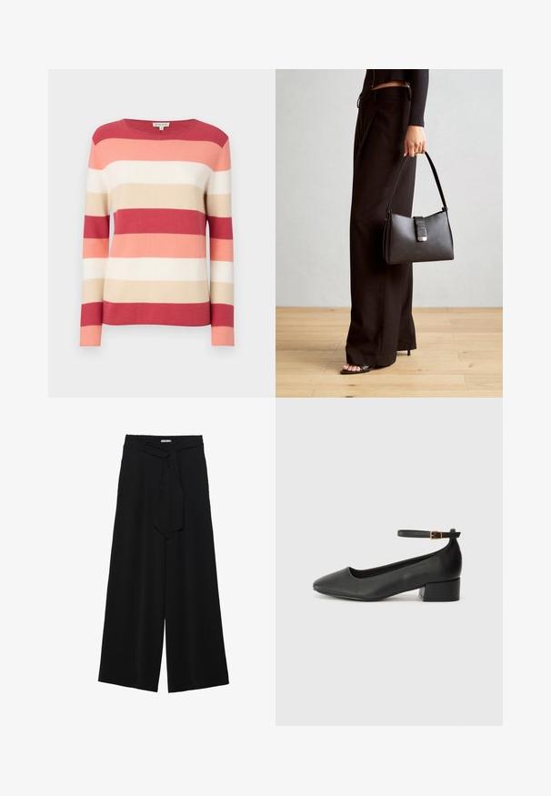 Suéter de pullover a rayas en tonos rojos, rosados, beige y crema. Presenta mangas largas y un cuello redondo con una textura suave y tejida.; Pantalones de pierna ancha negros con un tejido texturizado, una cinturilla elástica y un lazo desmontable en la cintura para un ajuste ajustable.; Zapato de tacón negro de cuero con punta afilada y tacón bajo cuadrado. Presenta una correa para el tobillo con una hebilla en tono dorado. Textura suave.; Bolso negro con forma estructurada, textura suave y un cierre metálico. Combinado con pantalones anchos negros y sandalias de dedo en un suelo de madera.