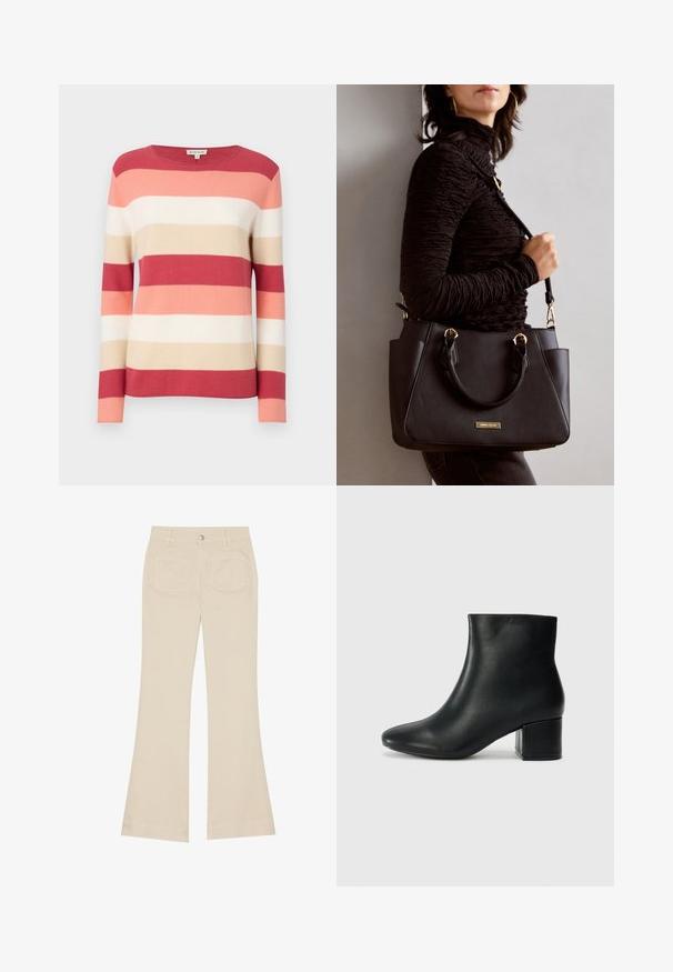 Striped pullover sweater in shades of red, pink, beige, and cream. Features long sleeves and a round neckline with a soft, knitted texture.; Beige flared pants with a high waist, made of cotton fabric. Features front and back pockets, belt loops, and a single silver button.; Black leather ankle boots with a pointed toe and a chunky heel. Smooth texture with minimal accents and a sleek, fitted design.; Black handbag with textured surface, dual top handles, and adjustable shoulder strap. Features gold-tone hardware and side pockets.