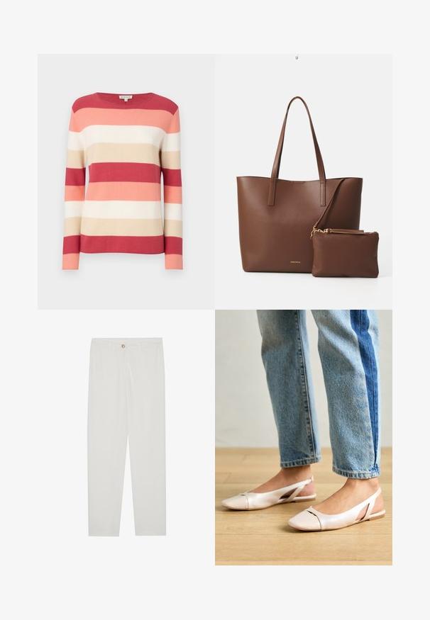 Striped pullover sweater in shades of red, pink, beige, and cream. Features long sleeves and a round neckline with a soft, knitted texture.; White, tailored trousers with a straight leg design, featuring a button closure, belt loops, and side pockets; smooth fabric texture.; Pale pink slingback flats with a pointed toe, made from a smooth leather-like material. Features cut-out details at the sides and a flat heel.; Brown faux leather tote bag with two long handles and a matching small pouch. The surface features a textured pattern and gold hardware accents.