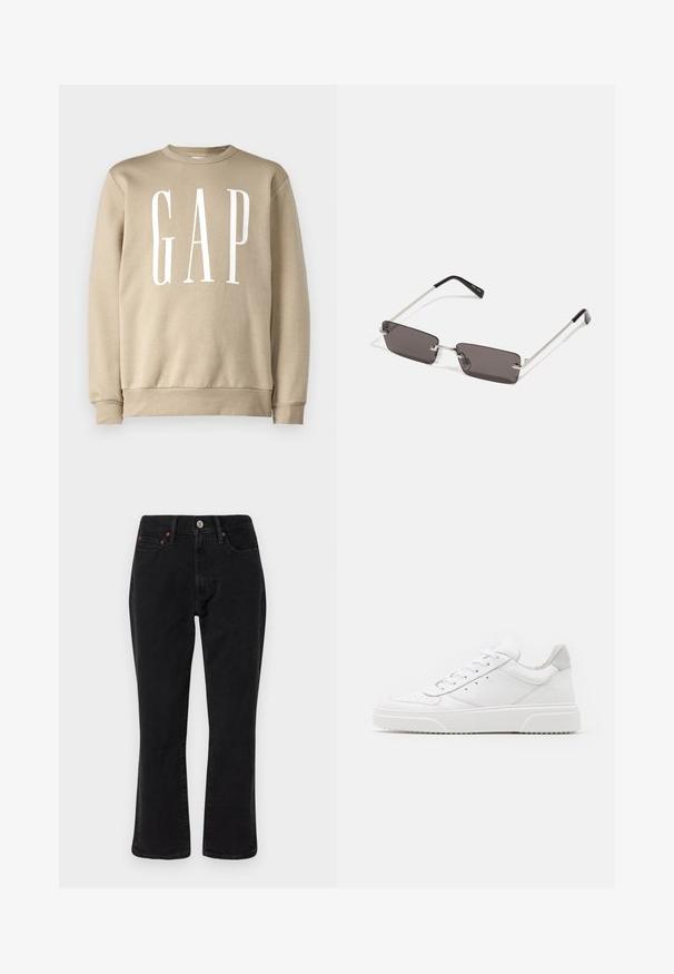 GAP Sweatshirt - khaki; Black denim jeans featuring a straight leg design, five-pocket style, and metal hardware with copper accents. Smooth texture and medium rise.; White leather sneakers with a smooth finish, rounded toe, flat laces, and a textured sole. Grey suede accent at the heel.; Sunglasses with rectangular, dark grey lenses, silver metal frames, and black plastic tips on the arms. Lightweight design with nose pads.