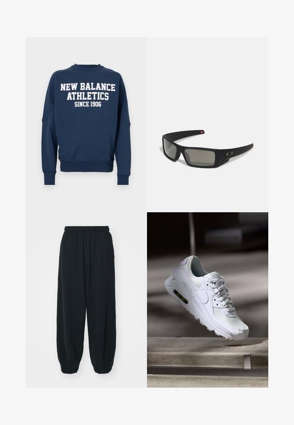 Sudadera de color azul marino con cuello redondo, mangas largas y texto blanco que dice "NUEVA BALANCE ATLETISMO DESDE 1906" en la parte frontal.; Pantalones de chándal negros con cintura elástica, de corte holgado, con puños en los tobillos, textura suave y sin patrones visibles ni acentos metálicos.; Zapatilla Nike Air Max 90 blanca con parte superior de malla y cuero, caja de puntera perforada y unidad de aire visible en el talón.; Gafas de sol negras con acabado mate, lentes rectangulares, ligera curvatura en las patillas, sutil detalle del logo y lentes ahumados.