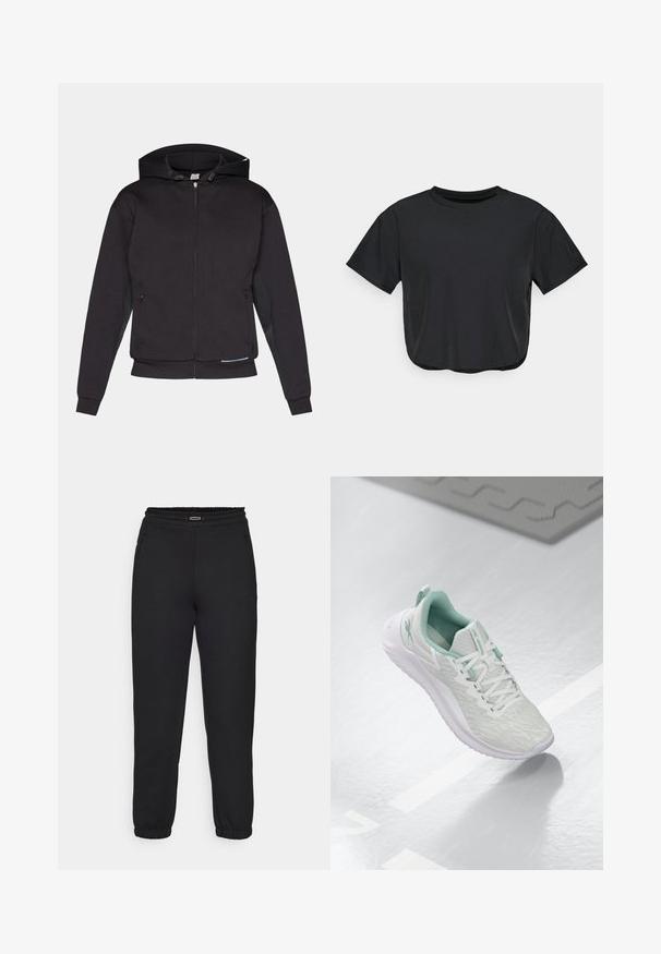 Schwarze Zip-Hoodie mit gefütterter Kapuze, Fronttaschen, gerippten Bündchen und geradem Saum. Hergestellt aus weichem, dickem Stoff mit matter Textur.; Schwarzes, kurz geschnittenes T-Shirt aus weichem Material, mit Rundhalsausschnitt, kurzen Ärmeln und lockerer Passform. Dezente Nähte.; Champion C-TECH CUFFED PANTS INTERLOCK - Jogginghose - black; Hellgraue Sportchuhe mit einem strukturierten Strickoberteil, mintgrünen Akzenten, weißen Schnürsenkeln, Gummisohle und einer Schlaufe an der Ferse.