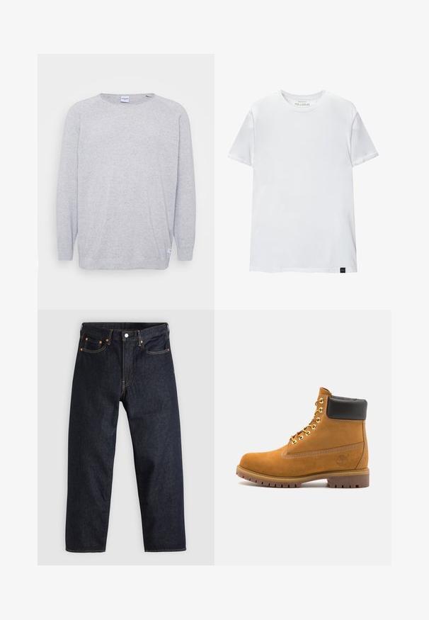 Vaaleanharmaa neulepaita, jossa on pitkät hihat, pyöreä pääntie ja teksturoitu neulos. Sisältää hienovaraisen pilkullisen kuosin ja pienen tarran helman kohdalla.; Valkoinen lihaksen istuvuus t-paita, joka on valmistettu puuvillasta. Pyöreä kaula-aukko, lyhyet hihat, sileä rakenne. Pieni musta logotagi helman kohdalla. Yksinkertainen muotoilu.; Tummansinisiä farkkuja, joissa on suora leikkaus, viisi taskua, kontrastiväriset oranssit tikkaukset ja napitus. Ei näkyviä kuvioita tai koristeita.; Valkoinen nahkainen nilkkuri mustalla pehmustetulla kauluksella, kultaisilla metallisilla rei'illä, valkoisella ompeluksella ja jykevällä kumipohjalla, jossa on selvästi näkyvät urat.