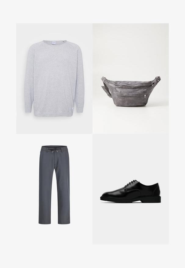 Vaaleanharmaa neulepaita, jossa on pitkät hihat, pyöreä pääntie ja teksturoitu neulos. Sisältää hienovaraisen pilkullisen kuosin ja pienen tarran helman kohdalla.; Harmaat, joustavat vyötäröhupparit, joissa on kiristysnauha. Suoralinjainen malli, valmistettu sileästä kankaasta, jossa on minimaalinen ompelu ja ei näkyviä kiinnityksiä.; Mustat nahkakengät, joissa on sileä pinta, pyöreä kärki, nauhakiinnitys ja huomaamaton kumipohja pidon takaamiseksi.; Harso harmaa samettinen vyölaukku pyöreällä muotoilulla, kahdella vetoketjullisella osastolla ja säädettävällä hihnalla. Varustettu metallisilla varusteilla.