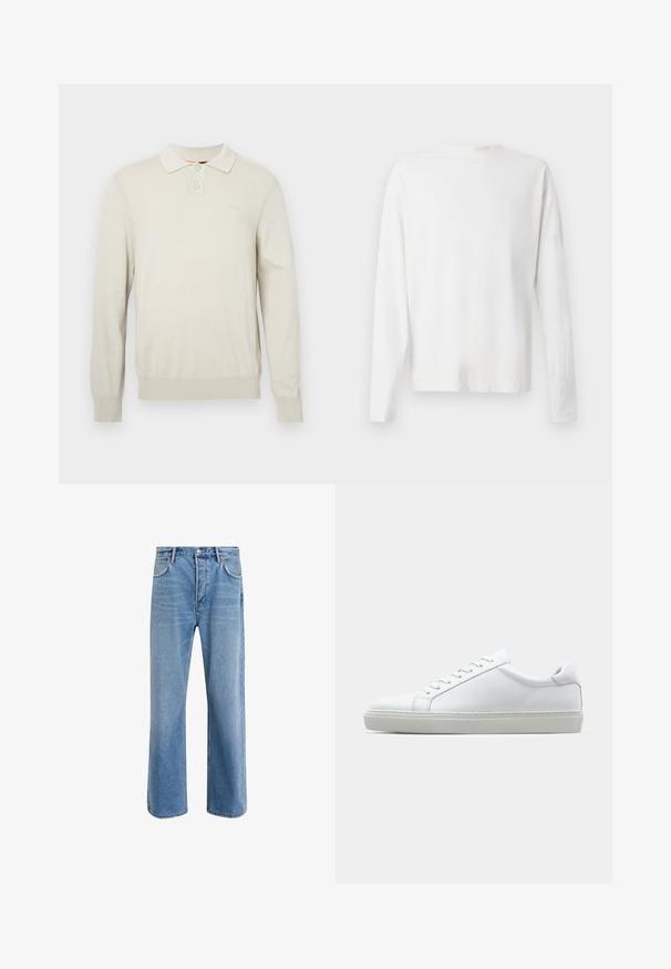 Κρεμ πόλο μπλούζα με μακριά μανίκια από μαλακό πλεκτό ύφασμα. Διαθέτει κλασικό γιακά, δύο κουμπιά και ριμπ τελειώματα στα μανίκια και το κάτω μέρος. Διακριτό λογότυπο στο στήθος.; Λευκό βαμβακερό πουκάμισο μακρυμάνικο με στρογγυλή λαιμόκοψη, πλαϊνές σχισμές στο κάτω μέρος και λεία υφή, εμφανιζόμενο από πίσω.; Ανοιχτό μπλε τζιν παντελόνι με ευθεία γραμμή, πέντε τσέπες, κλείσιμο με κουμπί, ελάχιστη φθορά και αντίθετες ραφές.; Λευκό αθλητικό παπούτσι με άνω μέρος από λείο δέρμα και χαμηλό προφίλ. Διαθέτει στρογγυλεμένη μύτη, έξι τρυπούλες και υφασμένη καουτσούκ σόλα.