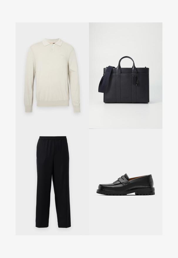 Kerman pitkähihainen polo-paita pehmeästä neulekankaasta. Siinä on klassinen kaulus, kaksi nappia sekä joustavat hihansuut ja helma. Huomaamaton logo rinnassa.; Mustat housut, joissa on joustava vyötärö, suora lahje ja sileä, kevyesti materiaali. Ei näkyviä taskuja tai kuvioita.; Mustat nahka loafit sisältävät kohoavan sauman, kaksi koristeellista nauhaa yläosassa ja paksun teksturoidun pohjan parempaa pitoa varten.; Tummansininen nahkainen salkku, jossa on kaksinkertaiset yläkahvat ja irrotettava hihna. Varustettu tekstuuripinnalla, pystysuoralla ompeleella ja logotiedoilla.